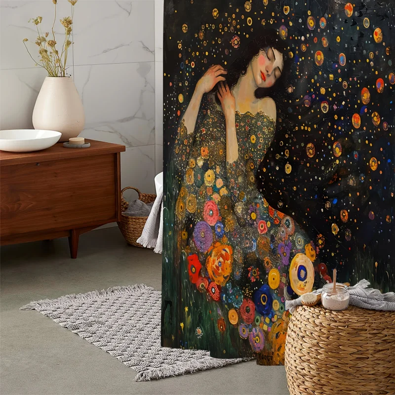 Vintage Oil Painting Floral Print Waterproof Shower Curtain with Plant Motif, Polyester Artistic Design Bath Curtain Includes 12