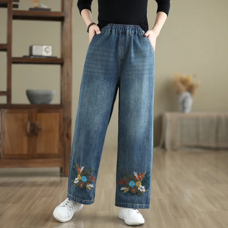 

Denim Pant Women Jeans Vintage Wide Leg Long Pants High Waist Straight Trousers Y2k Streetwear Elegant Floral Work Casual Spring