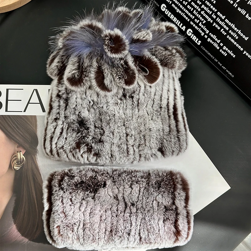 Winter fur Hat For Women real Rabbit Fur Hat Scarf Set Thick Ear Protection Fur Hat For Women Handmade Russian Fur Warm Caps