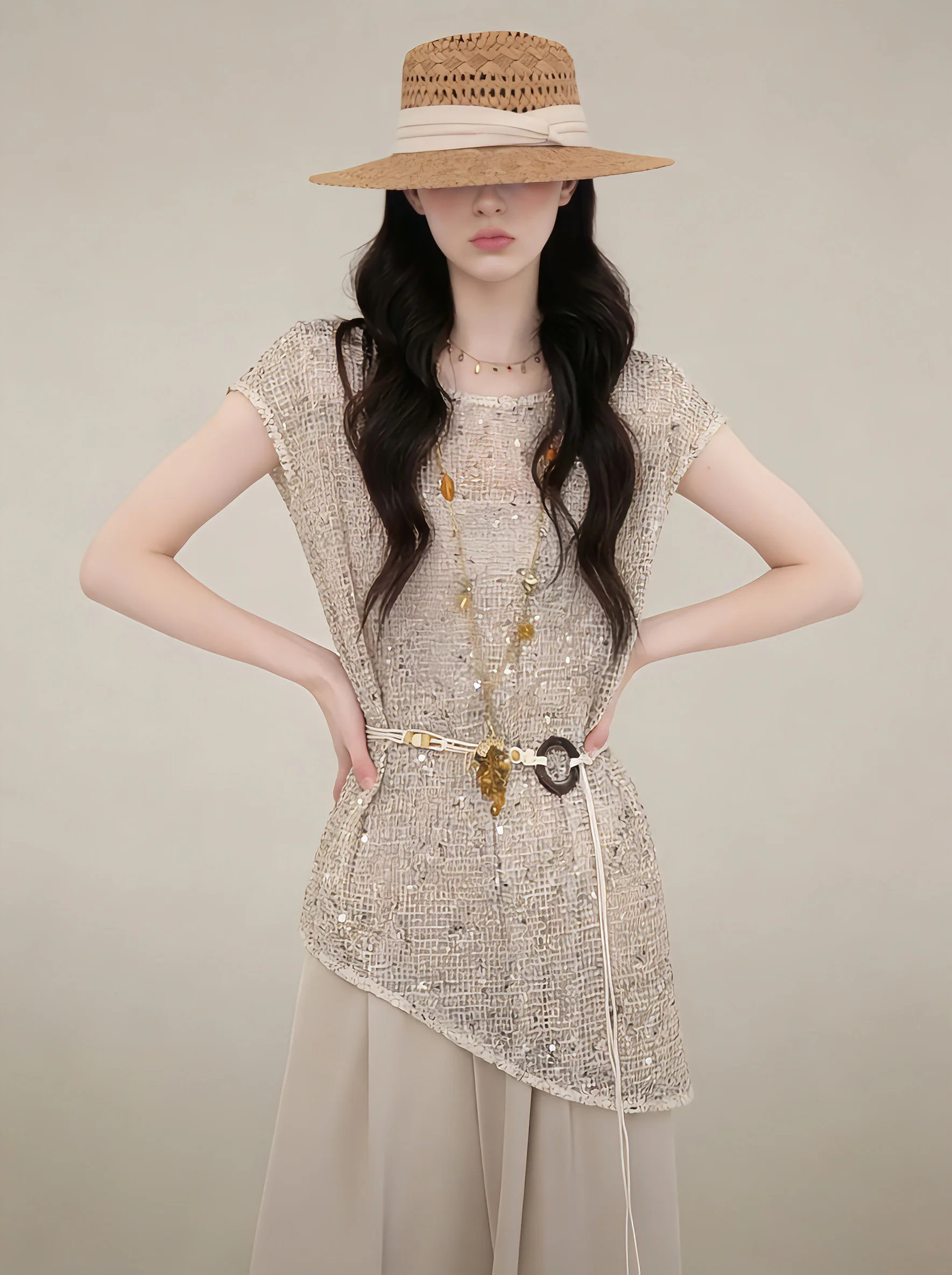 

Lace Hollow out Sequin Cover up Tank Top And Pants Set Casual Loose Fit High Waist Spring Summer Fashion for Women over 25
