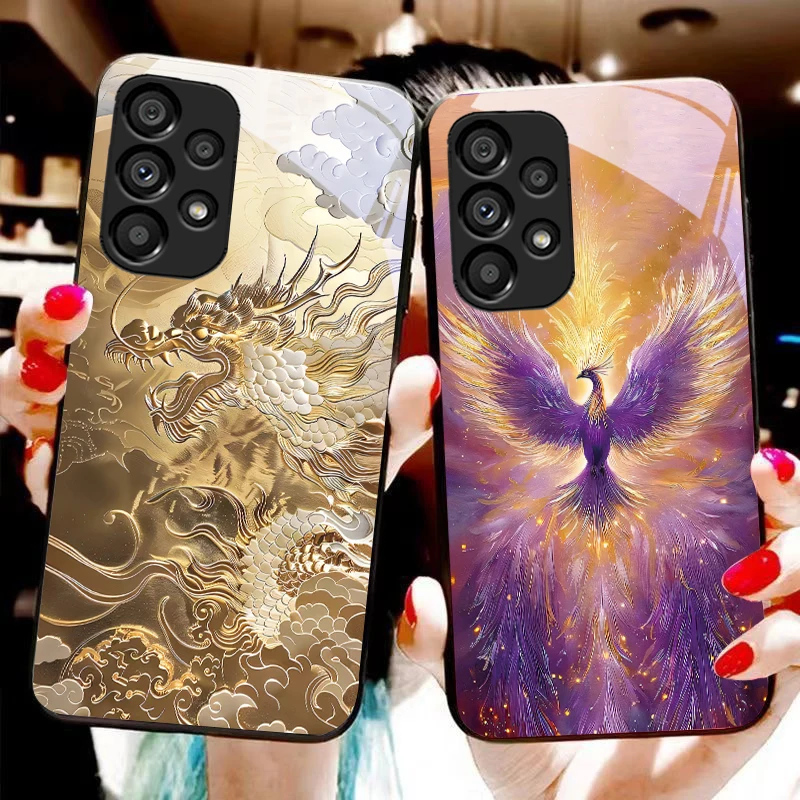 Golden Phoenix For Samsung Galaxy S10 20 Plus 21 FE 22 23 24 FE 25 Ultra Black tempered glass phone case hard shell