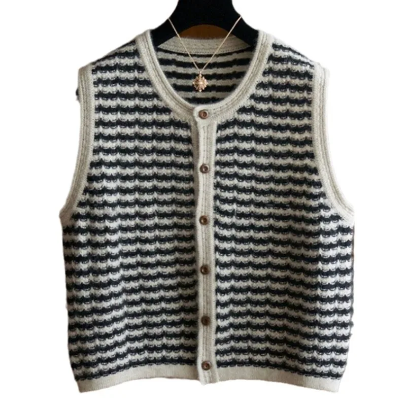 Vintage Sleeveless Striped Wool Vest Sweater Women\'s 24 Autumn And Winter New Short Cashmere Knitted Cardigan Jacket