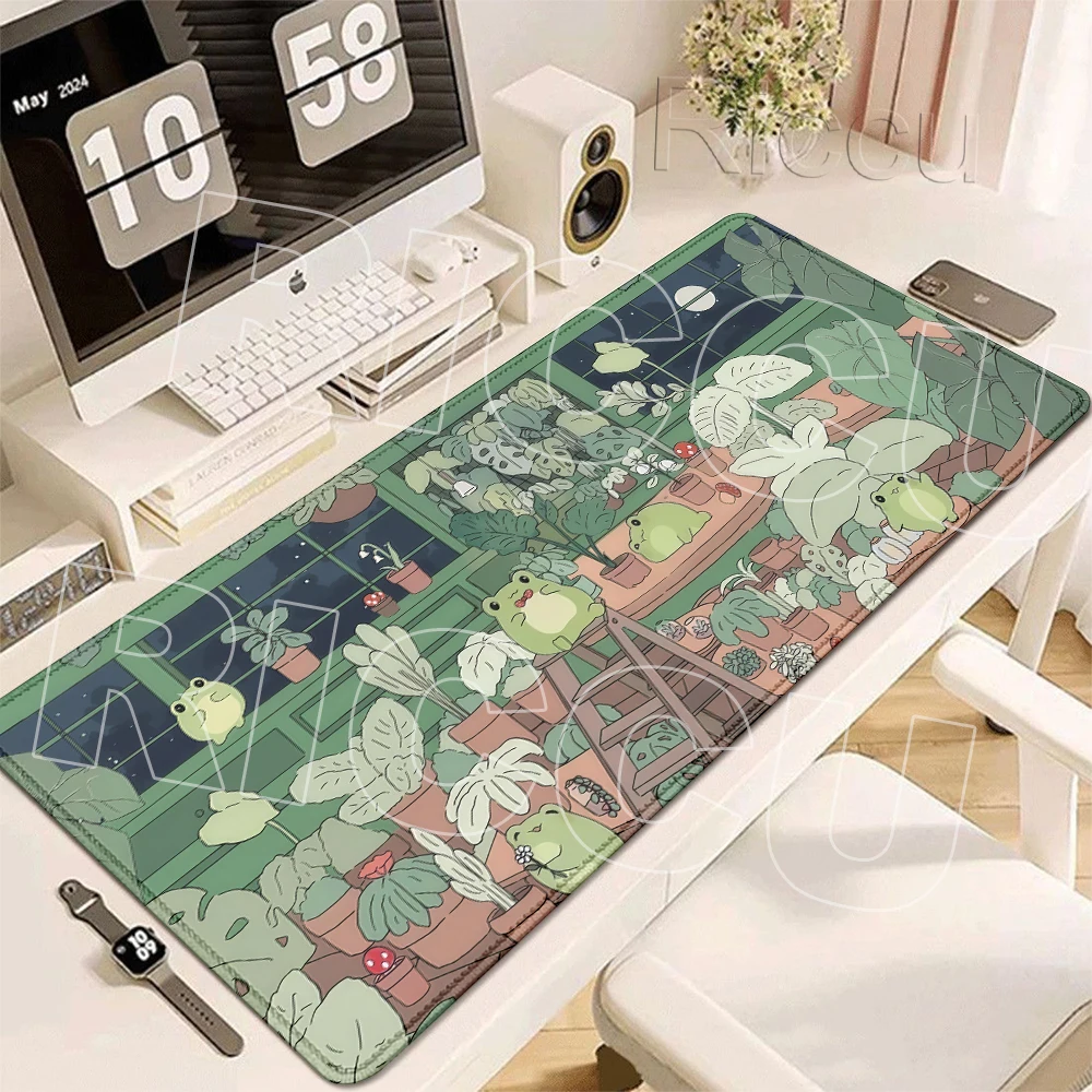 Kawaii Frogs Desk Mat Gaming Lock-edge Mousepad Kawaii Mouse Pads Anime Aesthetics Plant Nature Green Extended Non-slip Deskmats