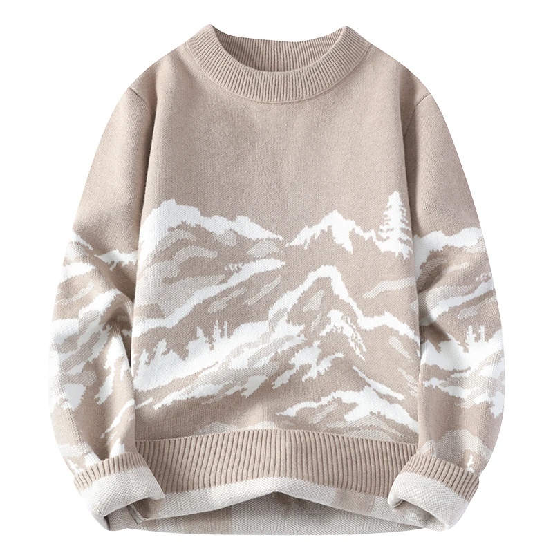 M-XXXL Plus Size Mens Mountain Printing Crew Neck Jumper Sweater Pullover Top Spring Autumn Casual Streetwear Clothing for Man