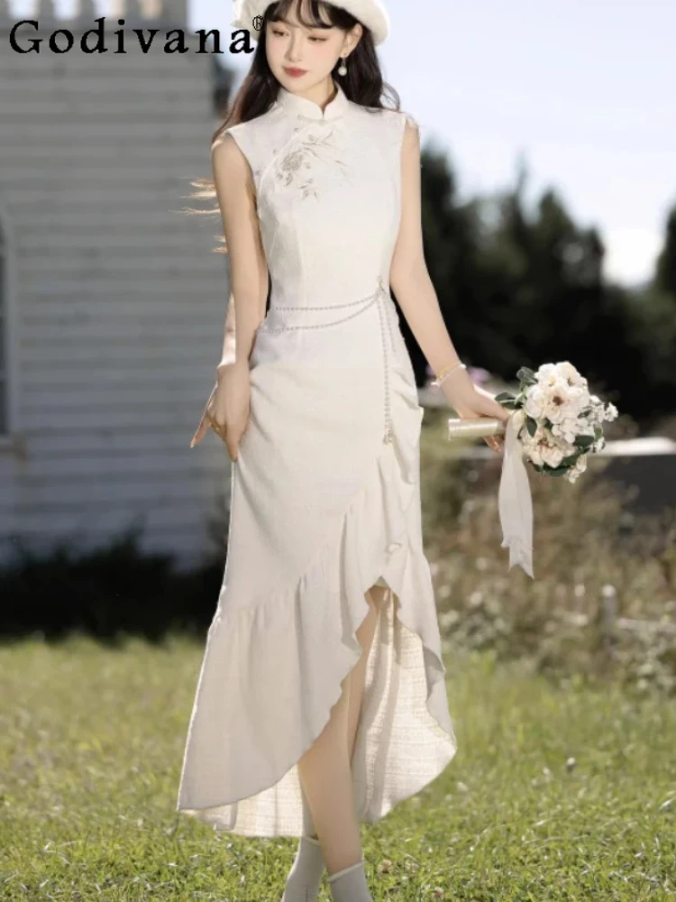 

Lolita Autumn Winter High Waist Sweet Ruffles Irregular Cheongsam Girls Chinese Stand-up Collar Sleeveless Fashion Retro Dresses