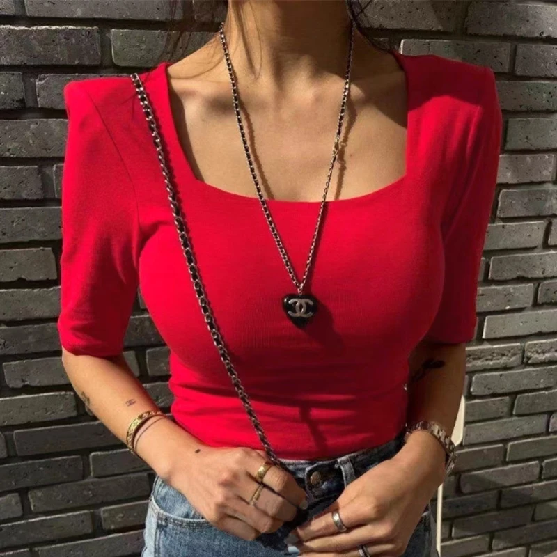 

Summer Cotton Cropped T-Shirts Women Tops Sexy Square Neck Tight Korean Fashion Ladies Casual Short T-shirt Female Tees Clothing