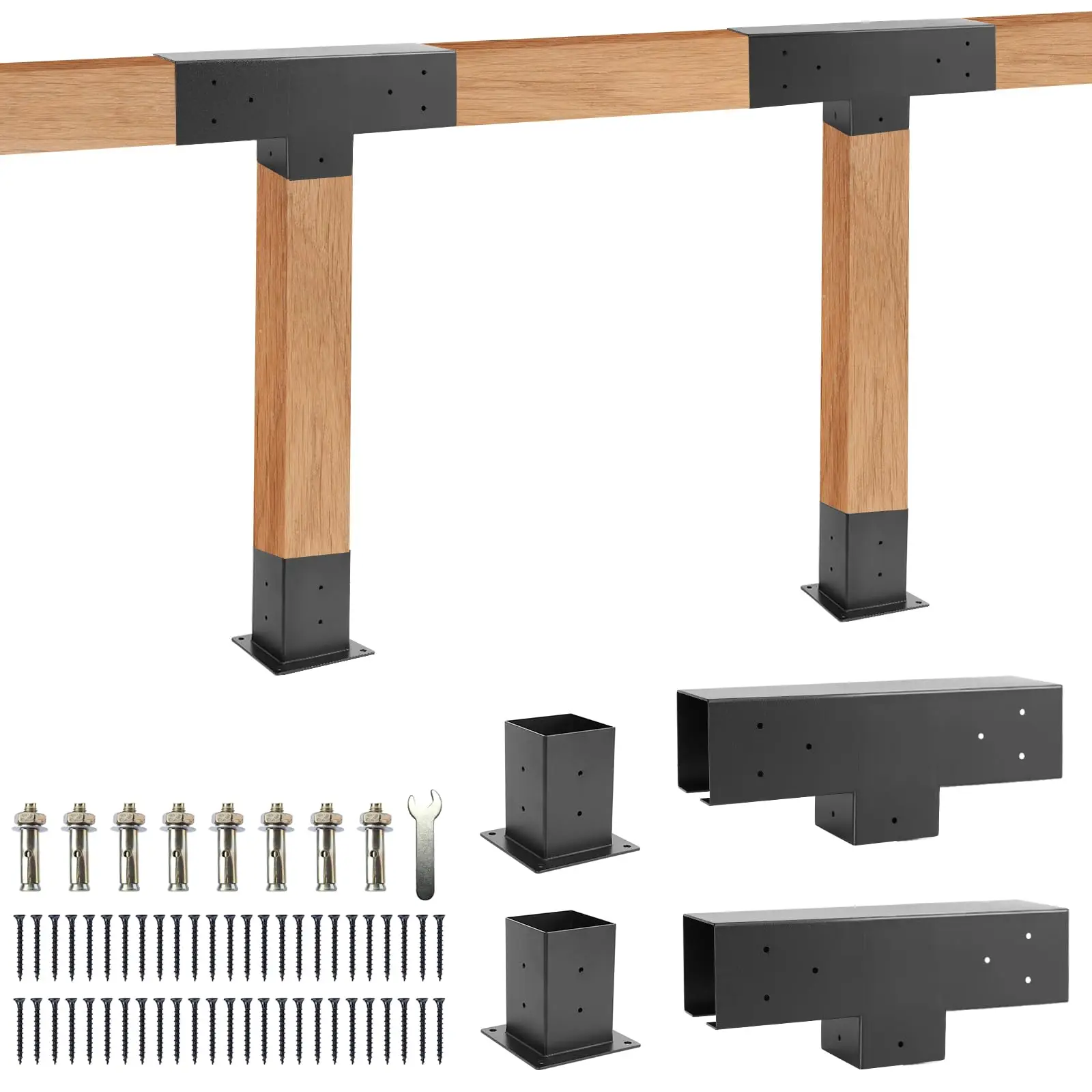 Pergola Brackets Kit 4x4 -3-Way Right Angle Corner Bracket, Pergola Brackets Base Kit with 2 T-Brackets and 2 Bases