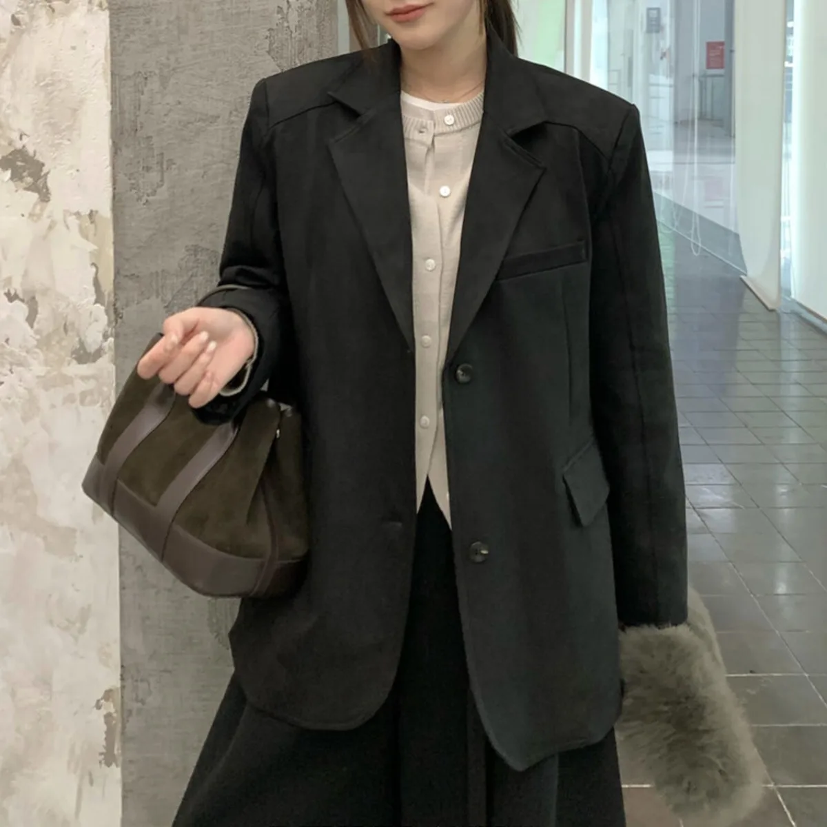 KWTX Damen-Blazer aus Wildleder, Vintage, elegant, mit zwei Knöpfen, verdickt, warm, A/W, einfarbig, schick, Designer, Neuankömmling, Premium-Qualität