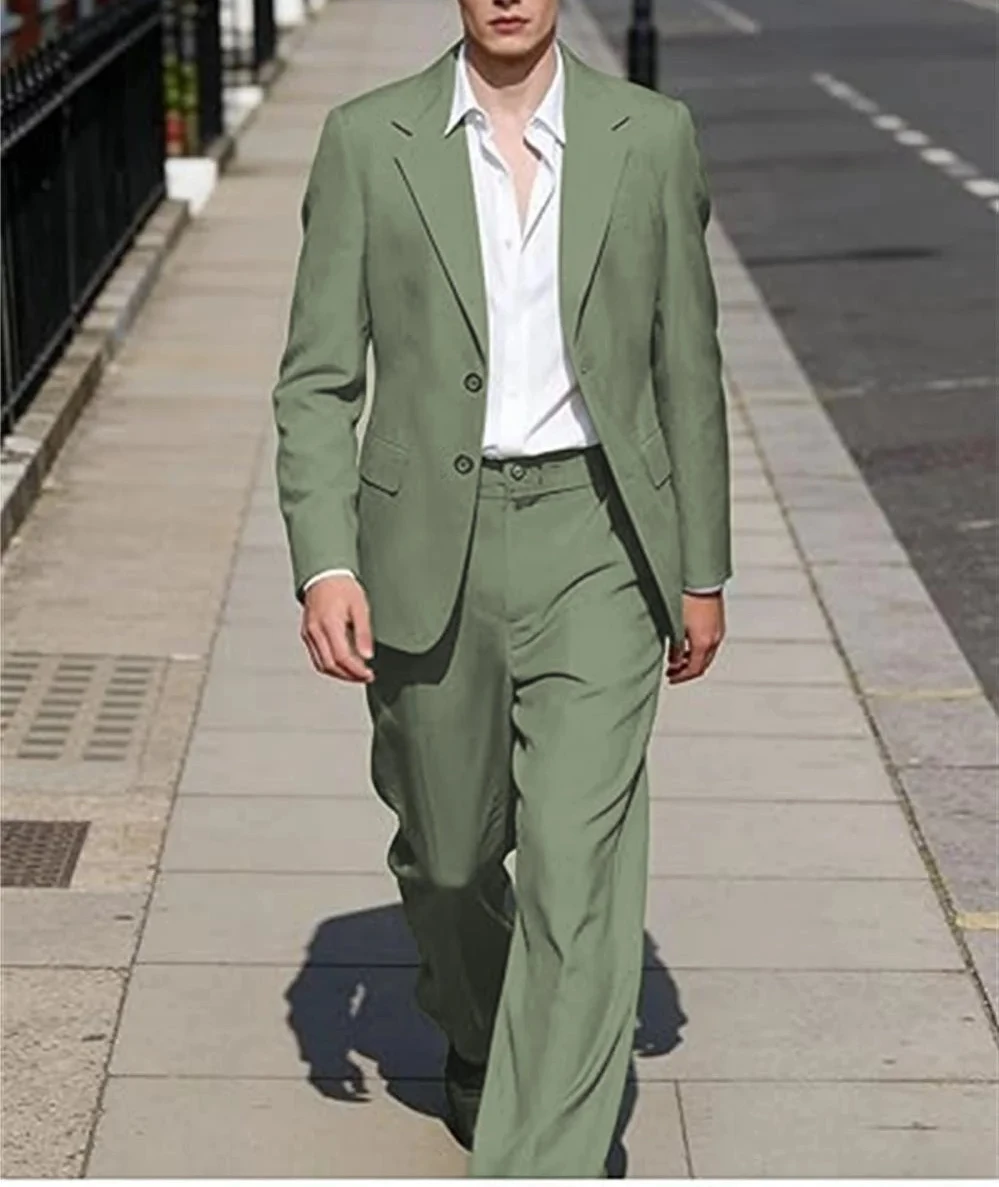 Men's Two-Piece Suit Set Casual Oversize Single-Breasted Blazer with Wide-Leg Pants for Business Party and Daily Wear Summer
