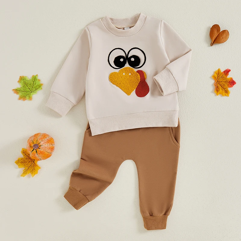 2024-06-01 Lioraitiin Baby Pants Set, Long Sleeve Crew Neck Embroidery Turkey Sweatshirt with Pants Thanksgiving Outfit