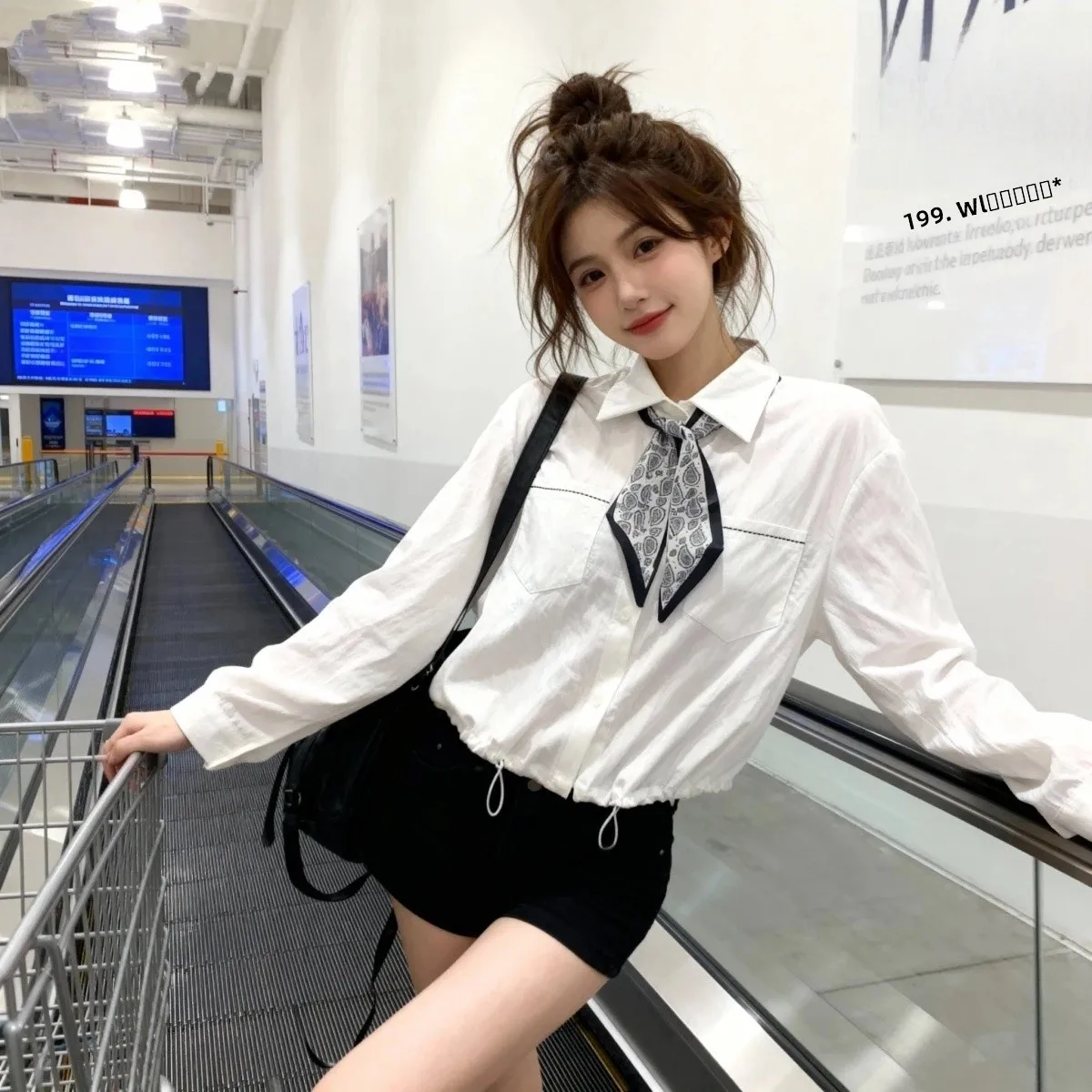 

Korean Sle Long Sve ort irt Women's Fitted Waist Inward Design Polyester Fiber Spring Autumn Season Faion Trend