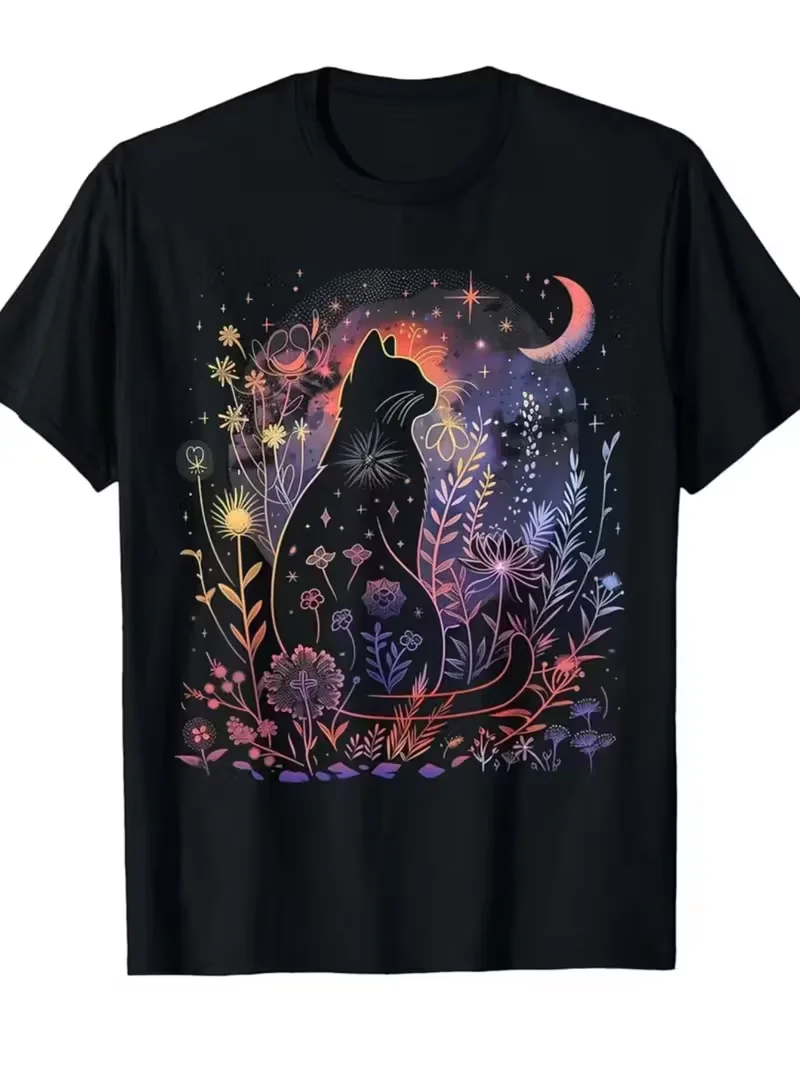 Gothic Black Cat Moon T-shirt Enchanted Floral Crescent Moon and Galaxy Graphic Short Sleeve Tops All Season Witchy Casual Wear