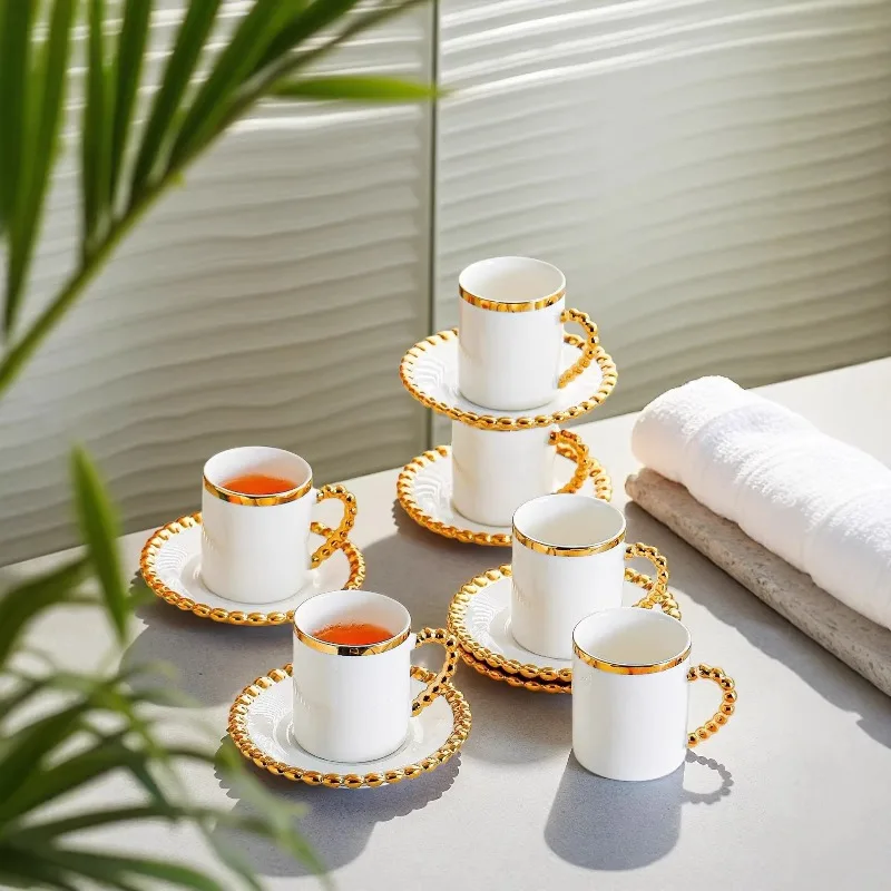Creative Gold-Plated Bead Ceramic Coffee Cup Six-Piece Set Luxury Afternoon Tea Teacups Office Desktop Coffee Cup and Saucer New