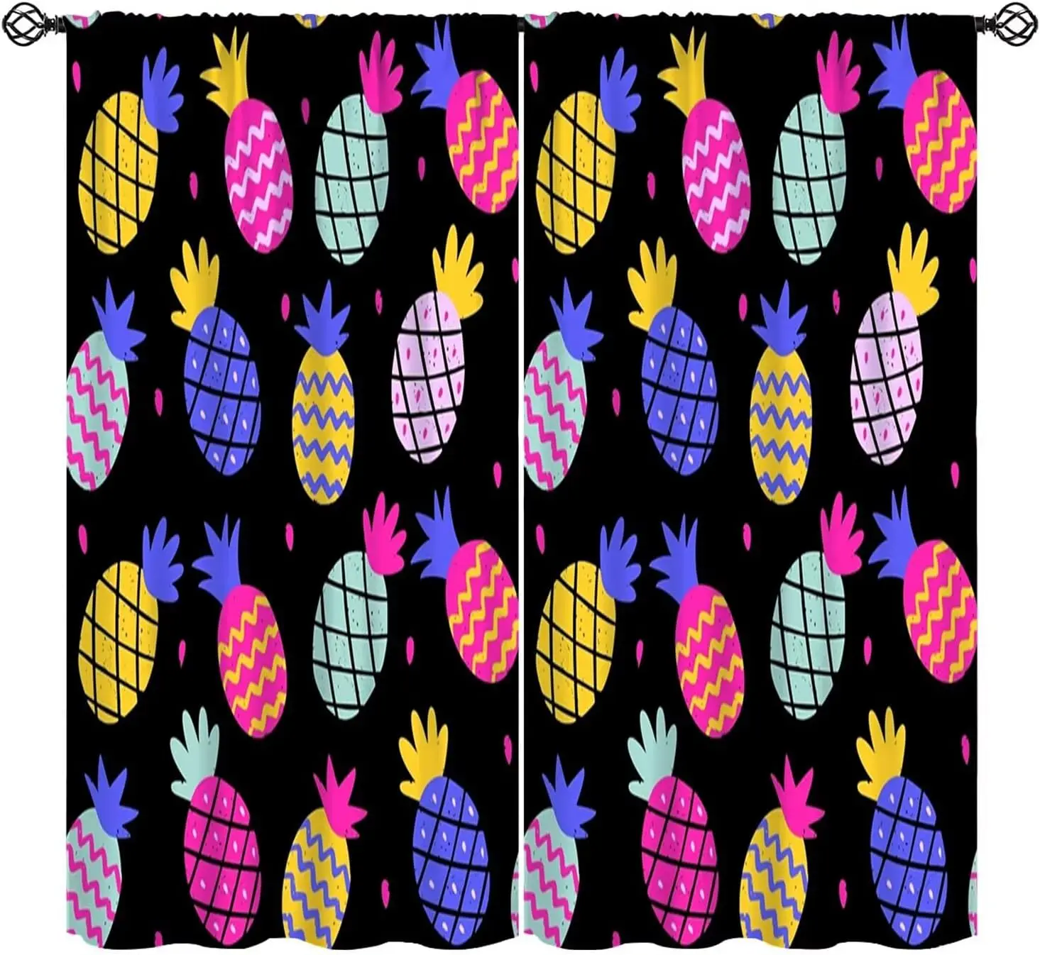 Color Cartoon Pineapple Rod Pocket Curtain Bright Zigzag Fruit Print Black Background Drapes Summer Kid Playroom Living Room