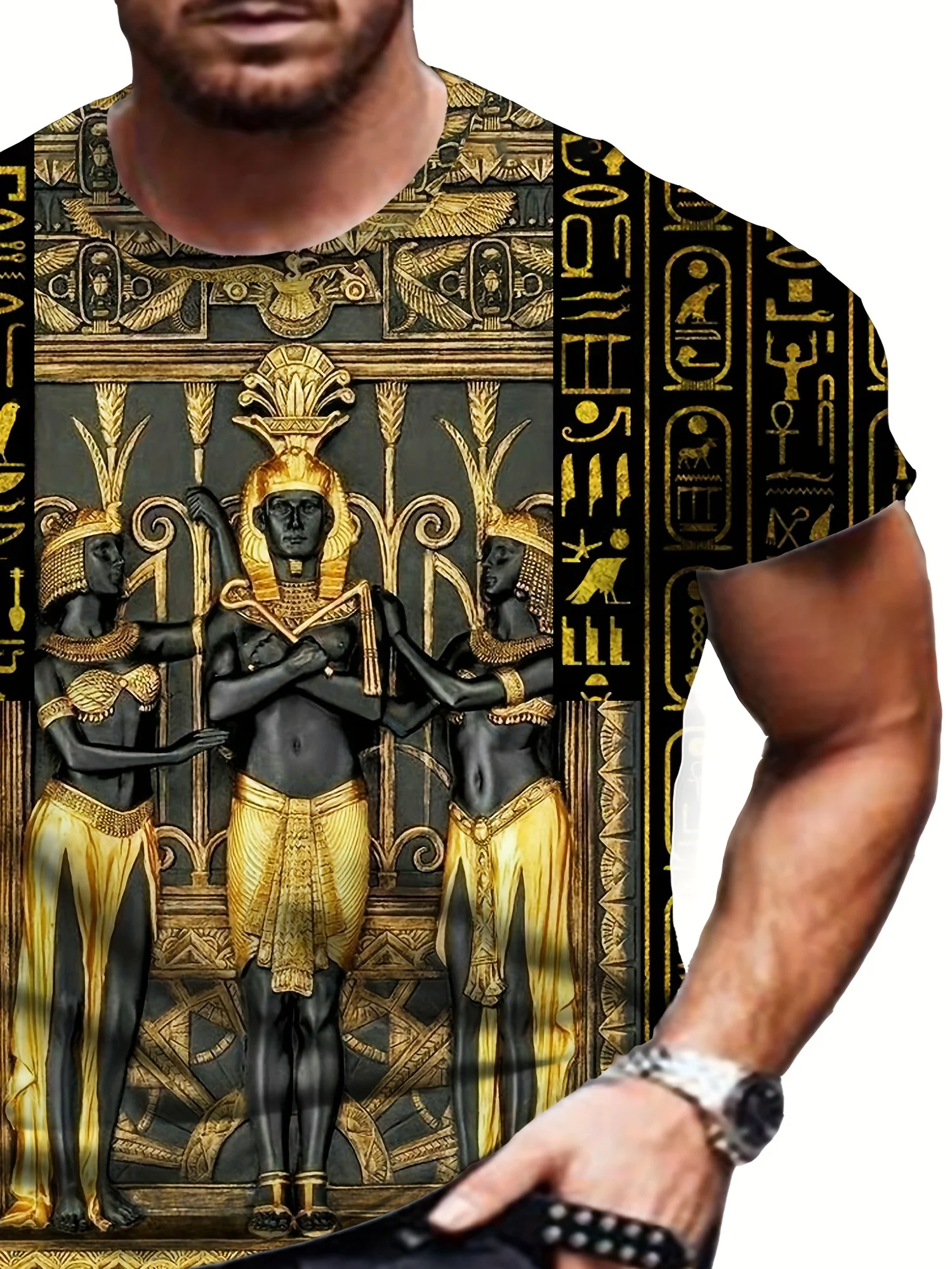Camiseta de talla grande de manga corta con cuello redondo y estampado de patrón de Egipto en 3D para hombre, camiseta ligera y versátil para uso diario en verano