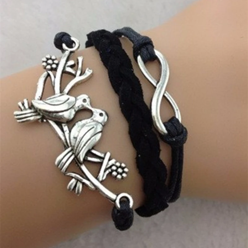 Hot Sales Charming Fashion Jewelry Leather Braided Rope Vintage Silver Plated Bird Infinity Bangle