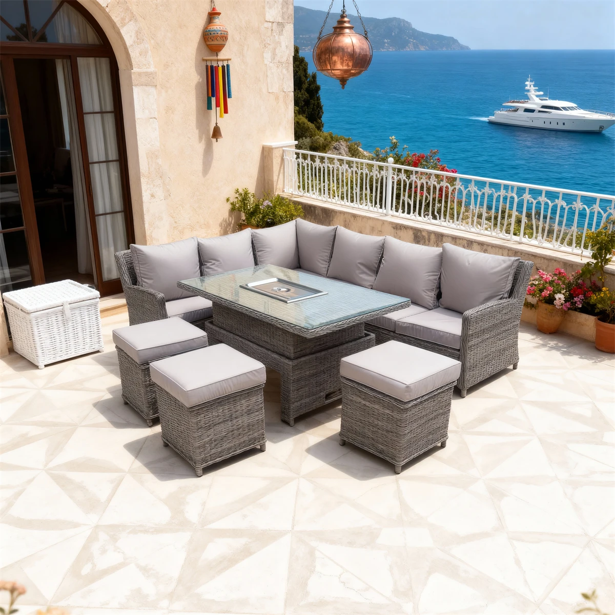Chic Waterproof Rattan Corner Sofa Set for Outdoor: Comfortable Wicker Patio Furniture with Plush Cushions Seaside Deck & Garden