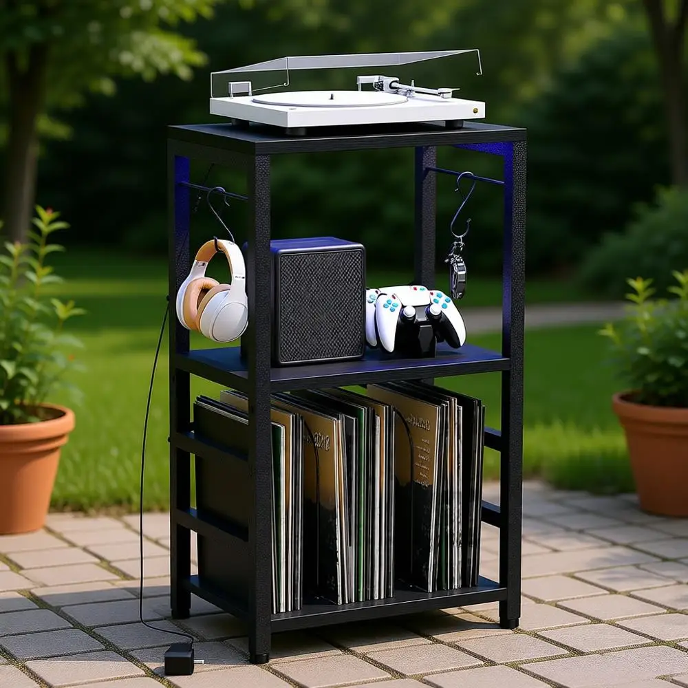 

Приставной столик со светодиодной подсветкой, винтажная подставка для проигрывателя с местом для хранения альбомов, держатель для виниловых пластинок, современный приставной столик для проигрывателя