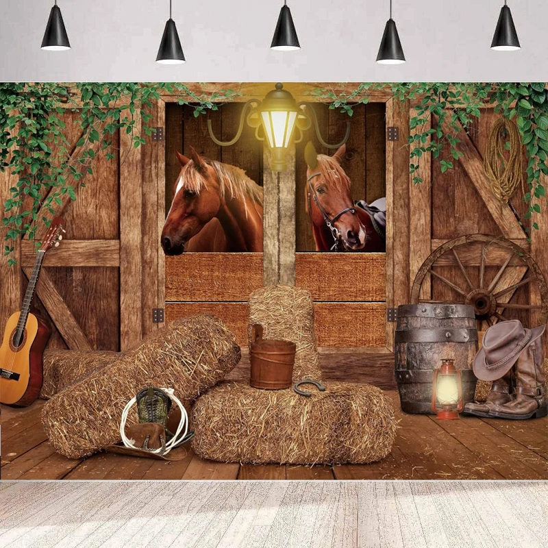 Photography Backdrop Cowboy Banner Garage Door Wild West Stable Horse Brown Barn Door Wheels Boy Man Birthday Background Wall