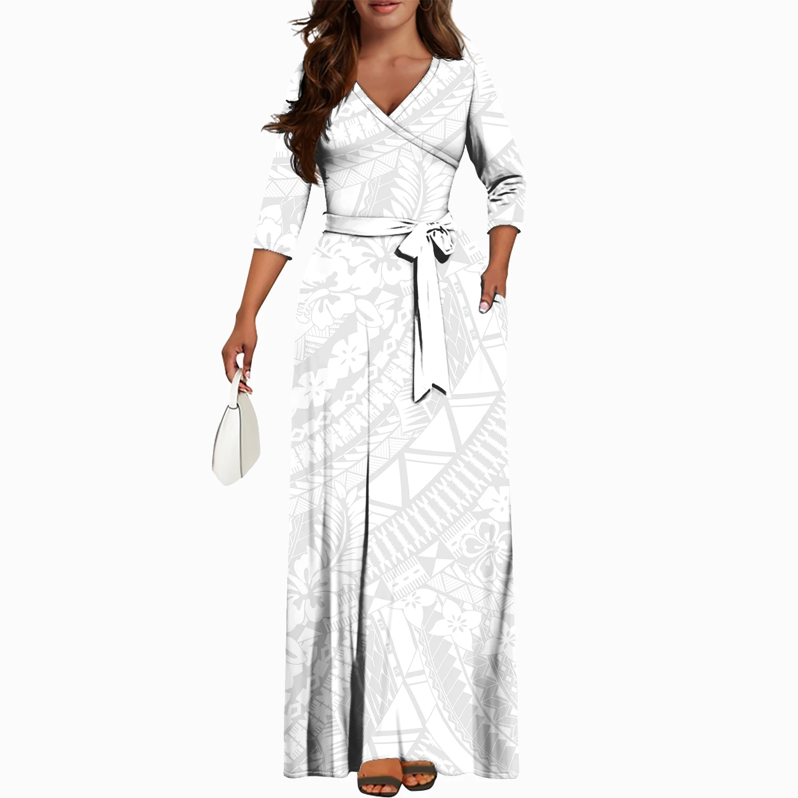 Long Sleeves Maxi Dresses Women Elegant Polynesian Tribal Samoan Tapa Floral white Print Custom women sexy bodycon church dress