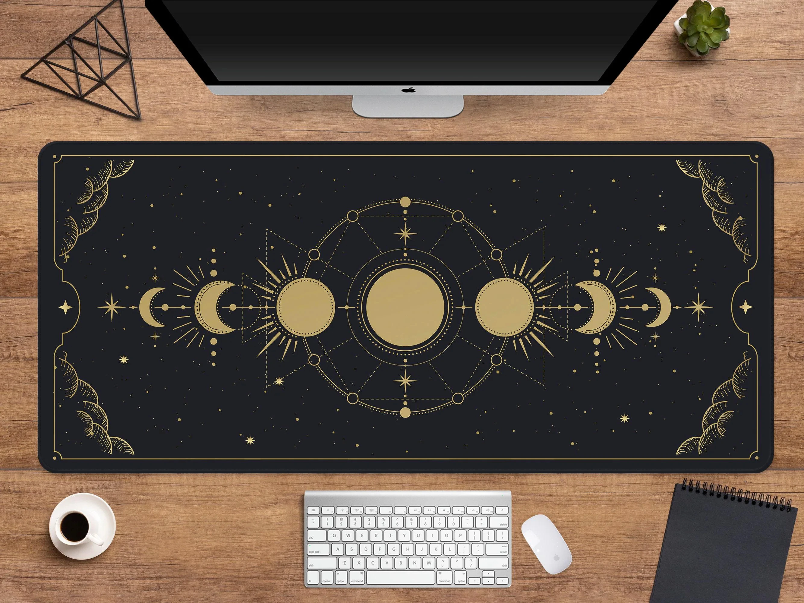 Moon Phases Desk Mat Mousepad Mouse Office Mouse Pad Gold Black Lunar Cycle Chart Stars Astrology Horoscope Desk Mats Decor