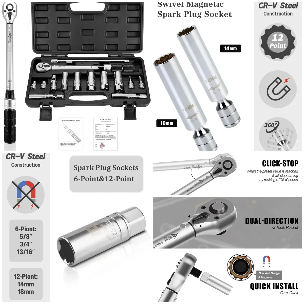 

AEROFORCE 14 шт. 3/8 'набор магнитных головок для свечей зажигания с динамометрическим ключом, универсальным соединением и удлинителем – сталь CR-V