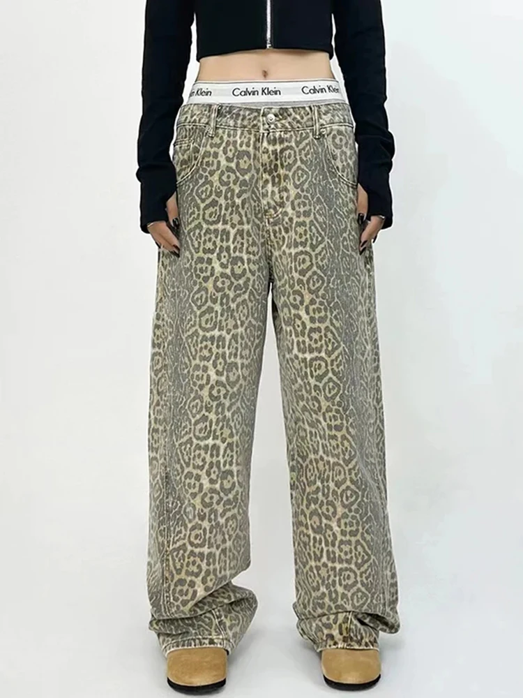 Y2k Hip-hop Cargo Trousers New American Retro High Street Casual Jeans Overalls Leopard Print Loose Wide Leg Pants for Women