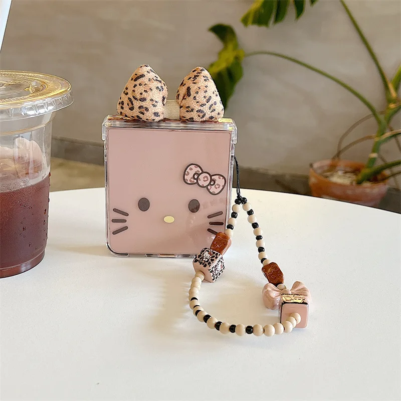 Funda de teléfono plegable con lazo 3D y estampado de leopardo de Hello Kitty para Samsung Galaxy Z Flip 7 6 5 4 3 FE con cubierta a prueba de golpes con cadena