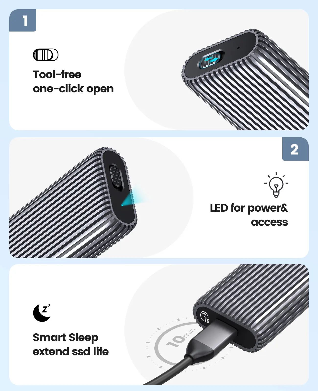 ORICO Tool Free Aluminum SSD NVME M2 Enclosure 10Gbps PCIe Type C Dual Protocol SSD Case Solid State Drive Case Support UASP
