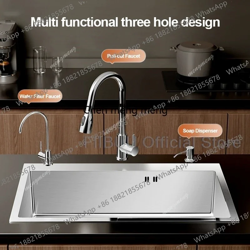 

Silvery Stainless Steel Kitchen Sink Large Capacity Single Bowl Thickened Handmade Above Counter Or Undermount With Accessories