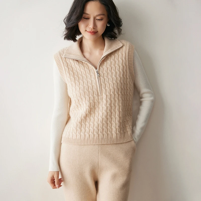 

Women's 100% Cashmere Vests Thick Half-zipper Pullover Autumn Winter Twist Flower Sweater Warm Knit Sleeveless Waistcoat Top