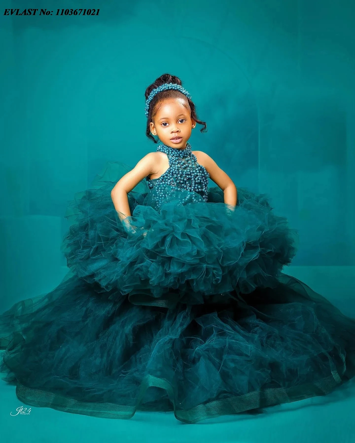 EVLAST Customized Dark Green Flower Girl Dress High Neck Tulle Beaded Little Girl Peageant Party Holy First Communion Gown FD65