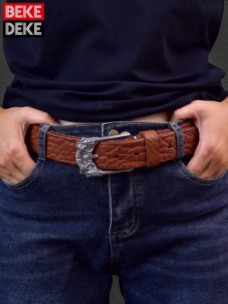 Mens Genuine Leather Belt Handmade Vintage Cowskin Stainless Steel Pin Buckle Personality Streetwear Casual Waistband For Jeans
