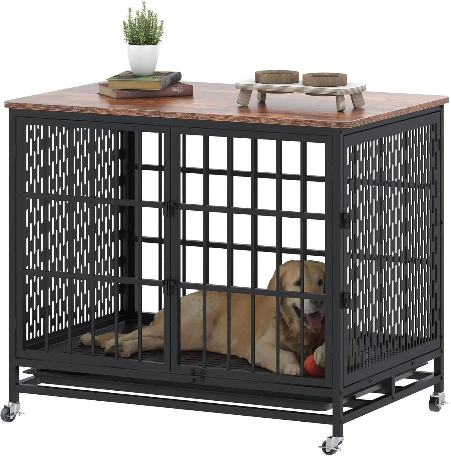 

42 inch Extra Large Dog Crate Furniture with Removable Trays, 3 Doors, 4 Wheels & 5 Locks - for Medium and Large Dogs