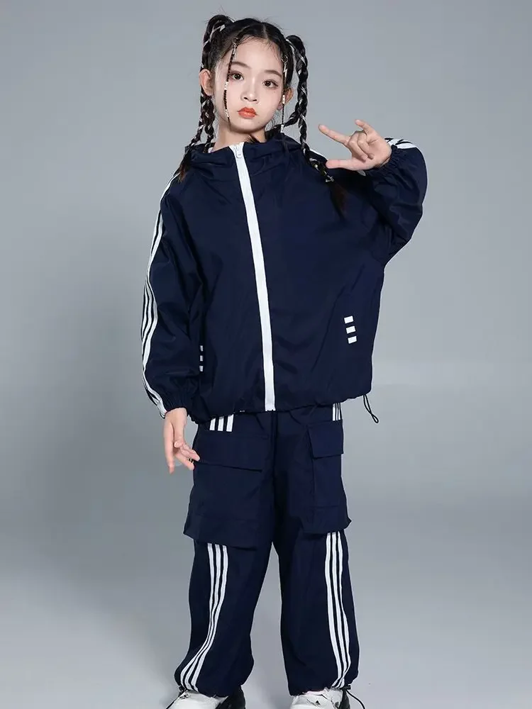 소년소녀 힙합 코스튬 스트리트 댄스 블루 스웨터 바지, 소녀 재즈 댄스 의상, 힙합 공연 세트 레이브 웨어
