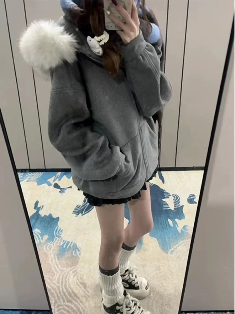

American Vintage Outwear Zipper Letter Pattern Long Sleeve Pure Color Fashion Pocket Subculture Faux Fur Hooded Woamn Autumn