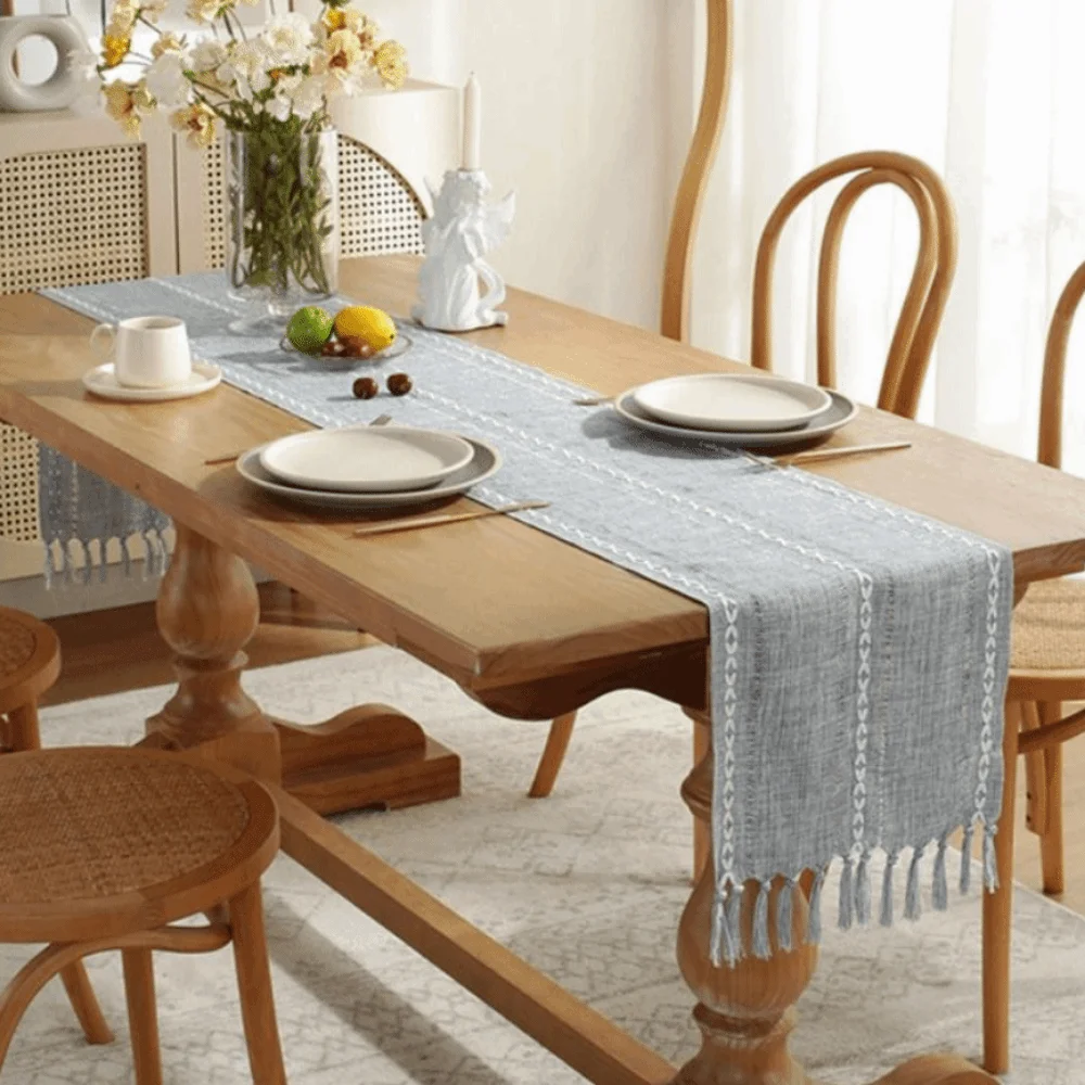 

Simple Solid Color Rustic Table Runner With Tassels Hollow Weaving Dining Table Cloth Rectangular Table Cover Dining Table