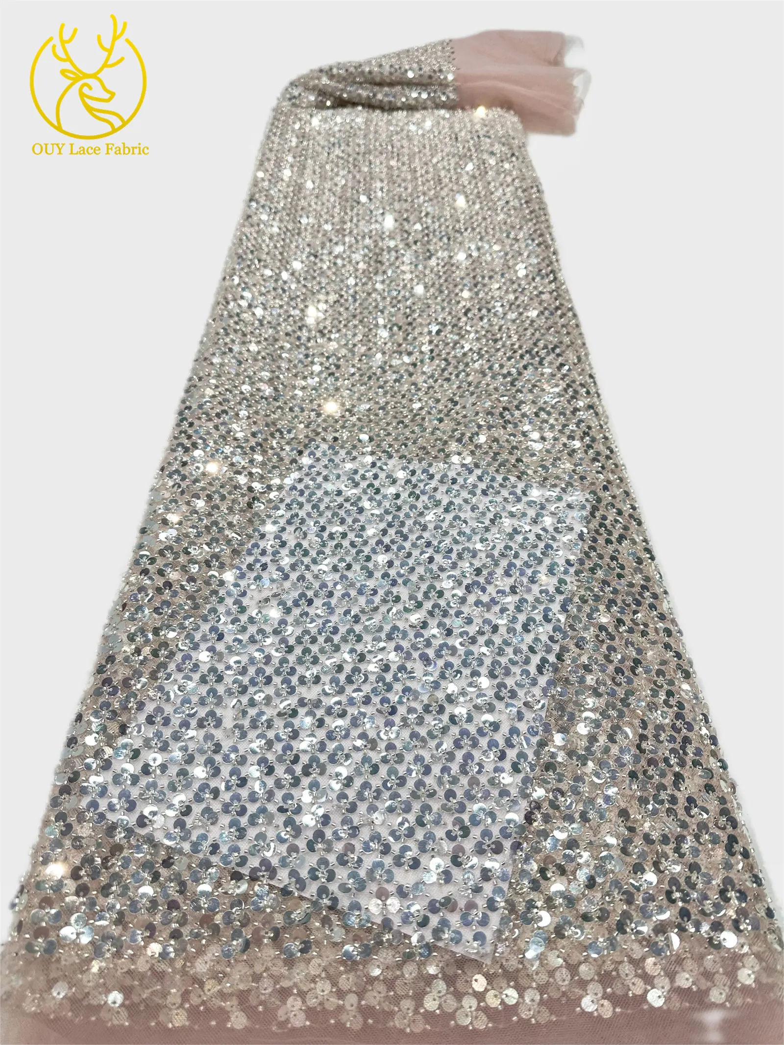 Neues Design Afrikanischer Pailletten-Spitzenstoff 2026 Hochwertiger Nigerianischer Perlen-Tüll-Spitzenstoff für Damen Party Hochzeitskleid Nähen – Detail 9