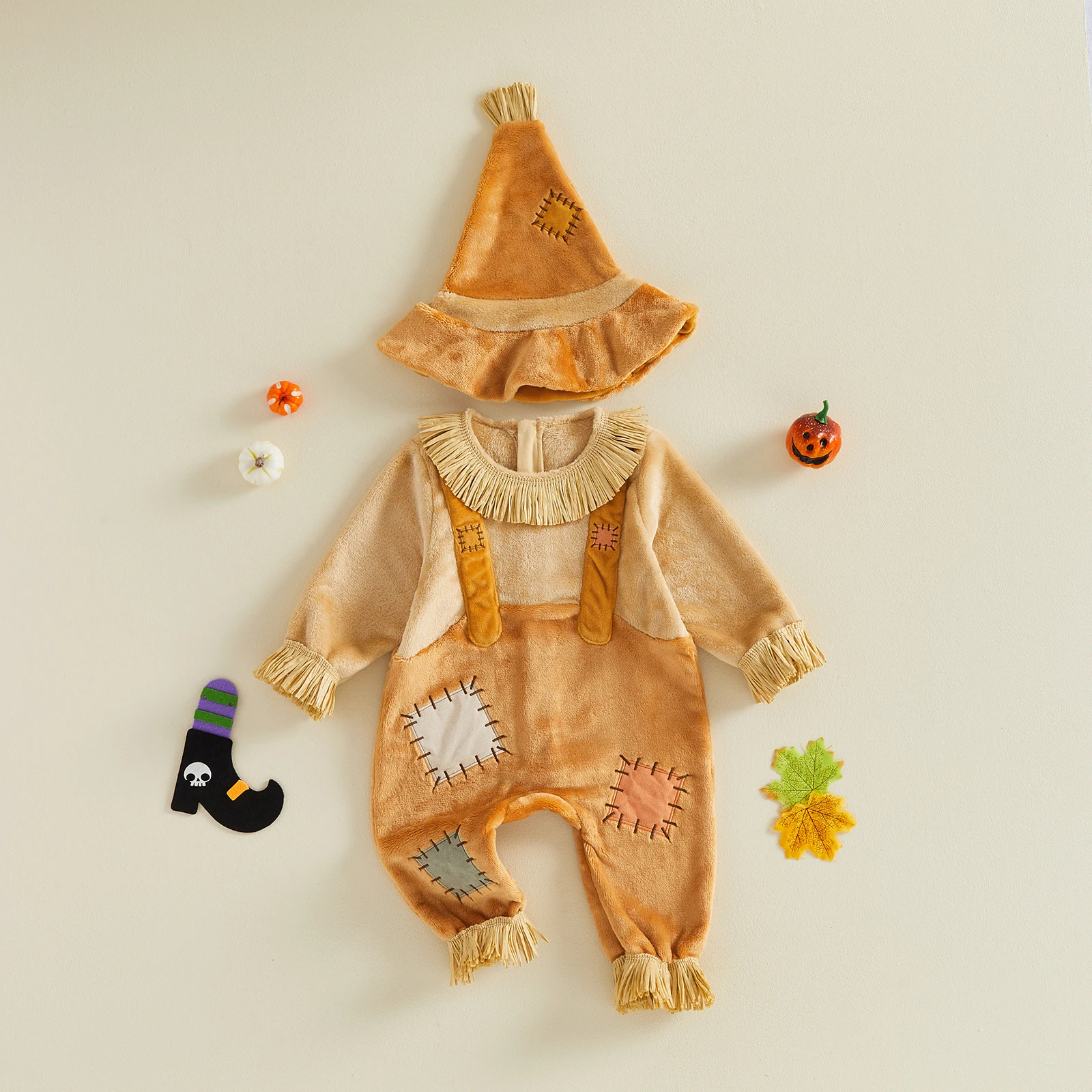 Boys Halloween Scarecrow Rompers Costume Long Sleeve Patchwork Jumpsuit and Hat Set Cute Cosplay