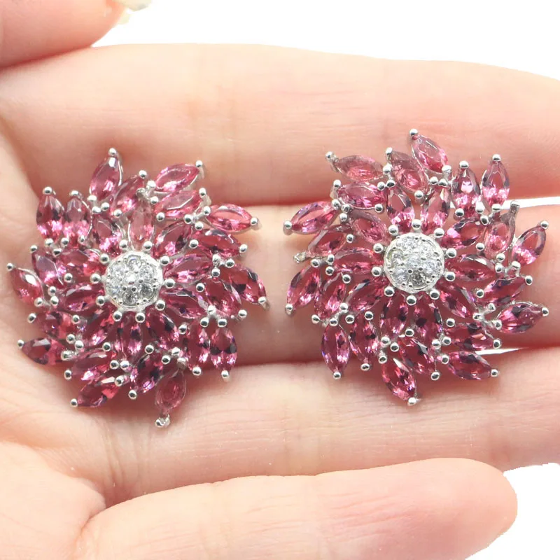 

24x24mm Lovely Cute Pink Raspberry Rhodolite Garnet London Blue Topaz White CZ 925 Solid Sterling Silver Earrings