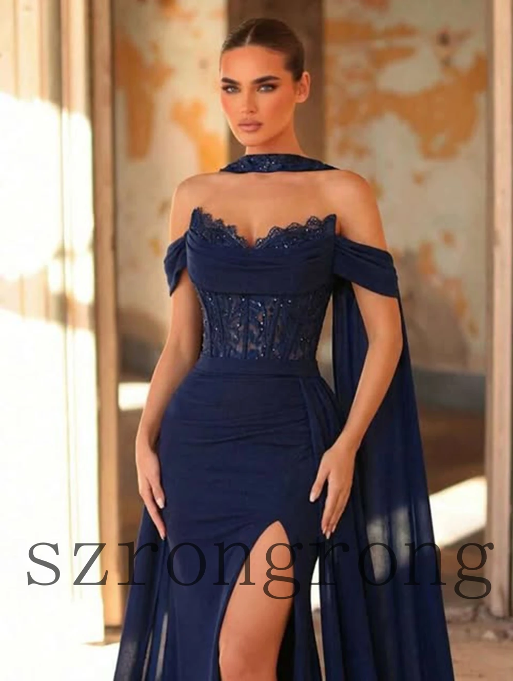 

Customized Exquisited Off Shoulder Chiffon Pleated Evening Dresses Sequins Lace Sheath Floor Length Side Slit Prom Party Dress
