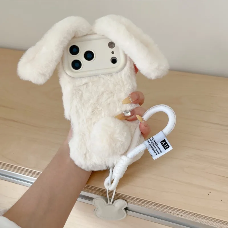 3D Cute Rabbit Ears Warm Furry Plush Bunny Phone Case With Lanyard For iPhone 17 Pro Max 15/14/16Plus 13/12/11 Pro Max 16 Cover