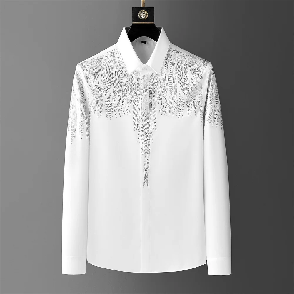 Luxury Wing Rhinestone Men\'s Shirt 2024 Spring Long Sleeve Casual Shirts Banquet Party Stage Shirt Vintage Streetwear Blouse 5XL