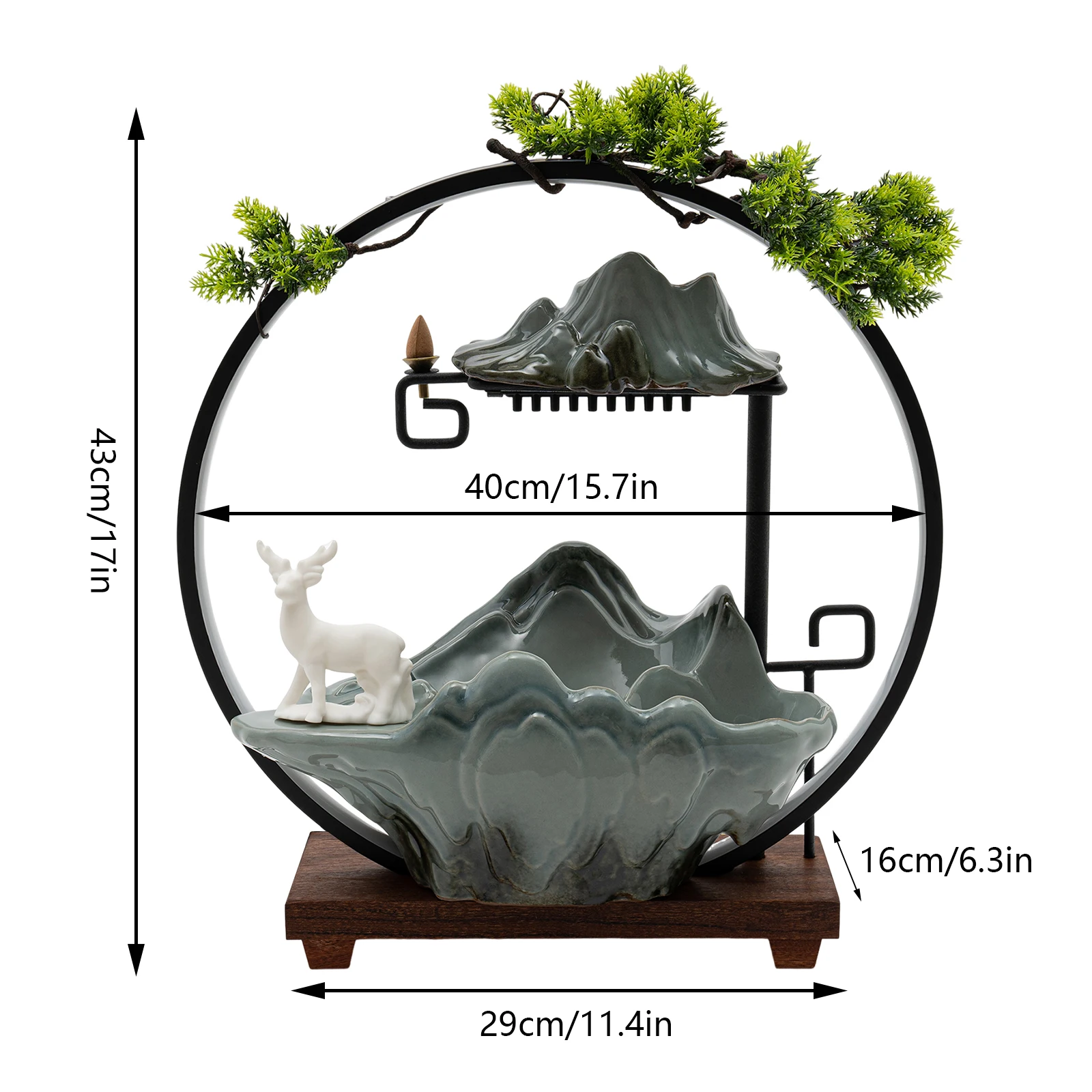 40CM LED Light Ring Tabletop Waterfall Fountain, 110-120V Low Noise Submersible Pump Ceramic White Deer Green Pine Decor Built-in Atomizer Backflow Incense Burner Wood Desktop Stress Relief Ornament