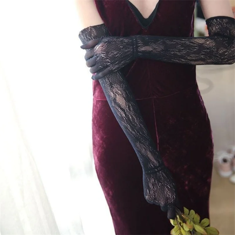 Retro High-end Lolita Elastic Long Lace Gloves for Nuns and Women White Silk Arm Set for Cosplay Props