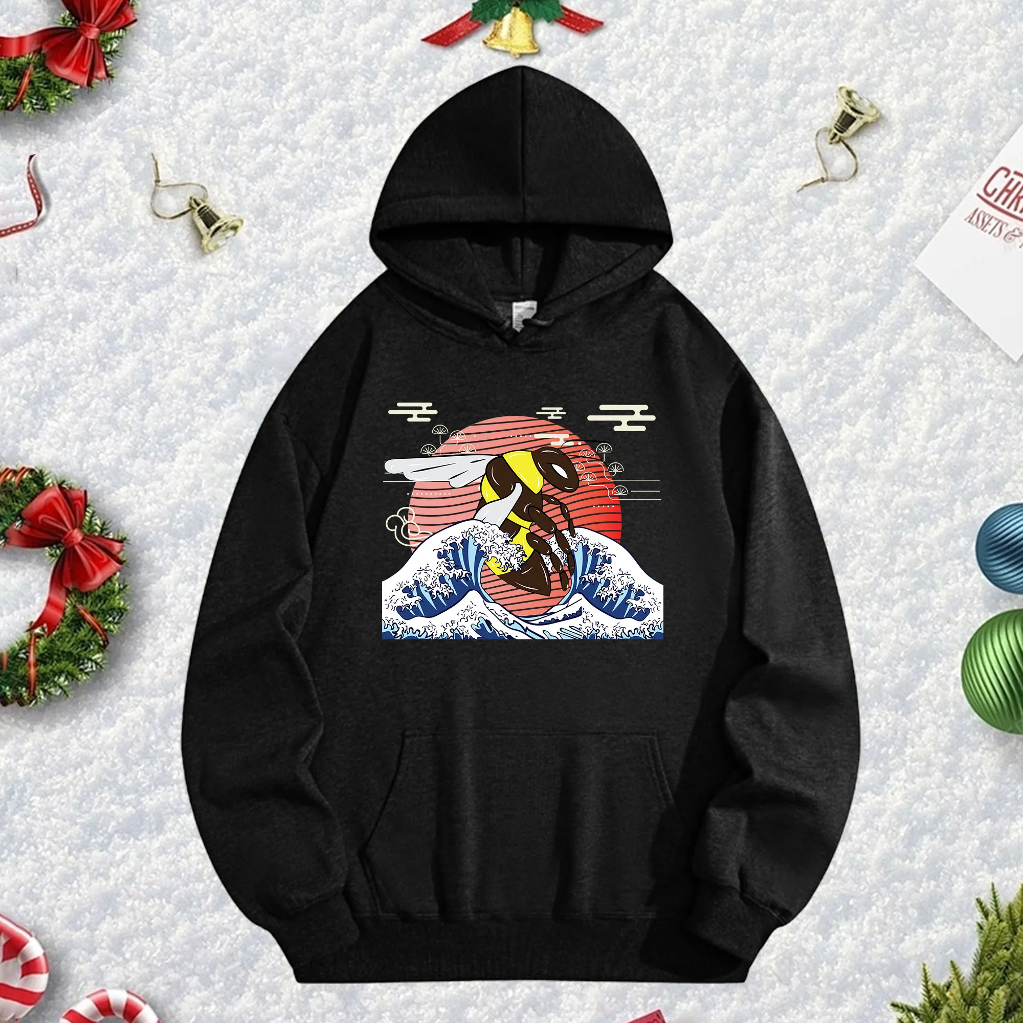 هوديي Hornet Waves 270G أسود للجنسين، بلوفر شتوي من الصوف الناعم لموسم عيد الميلاد ونمط عطلة رأس السنة الجديدة #1