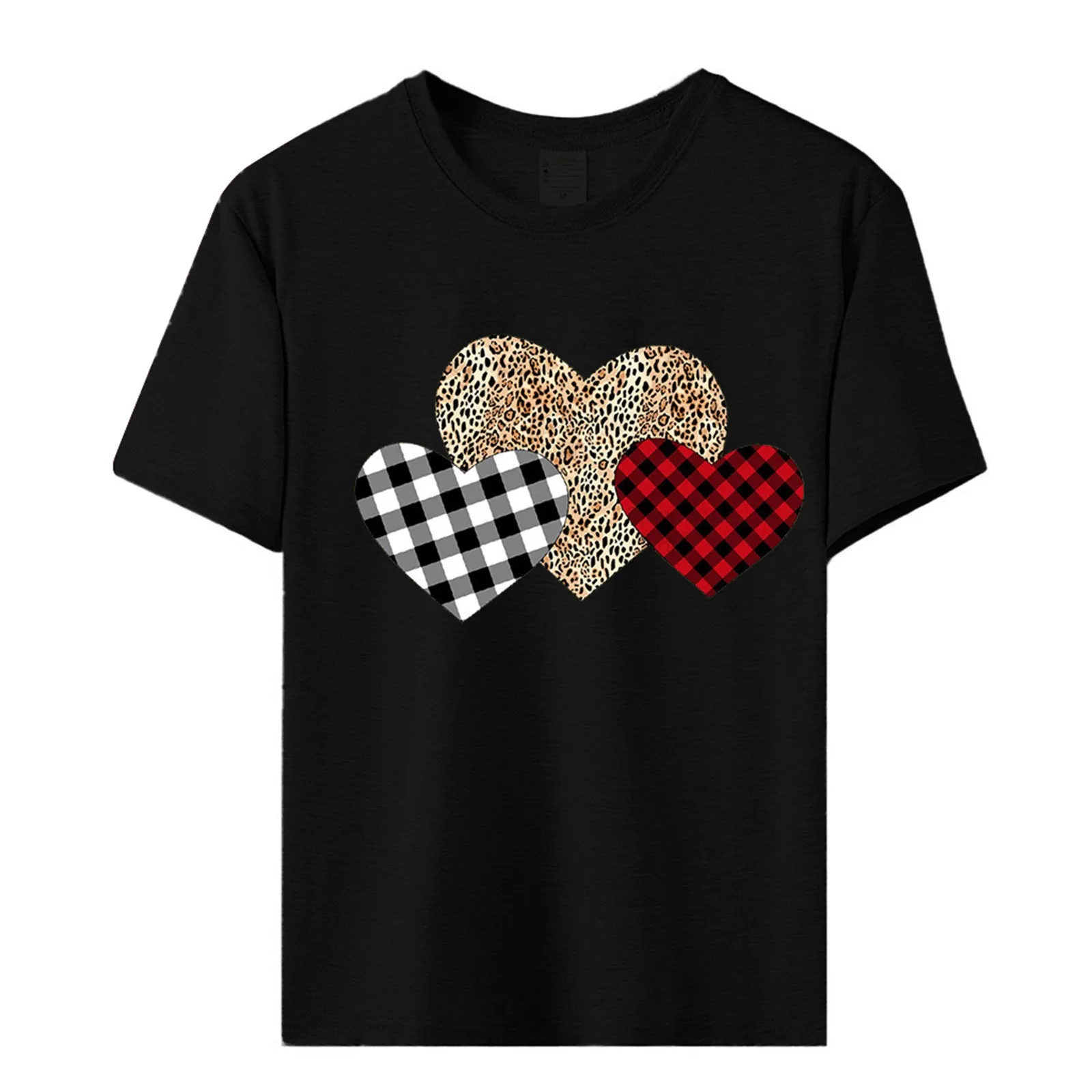 Heart Linked To Heart Women T Shirts Summer Plaid Leopard Patchwork Short Sleeve O-Neck T-Shirt Girlfriend Valentine's Day Gift