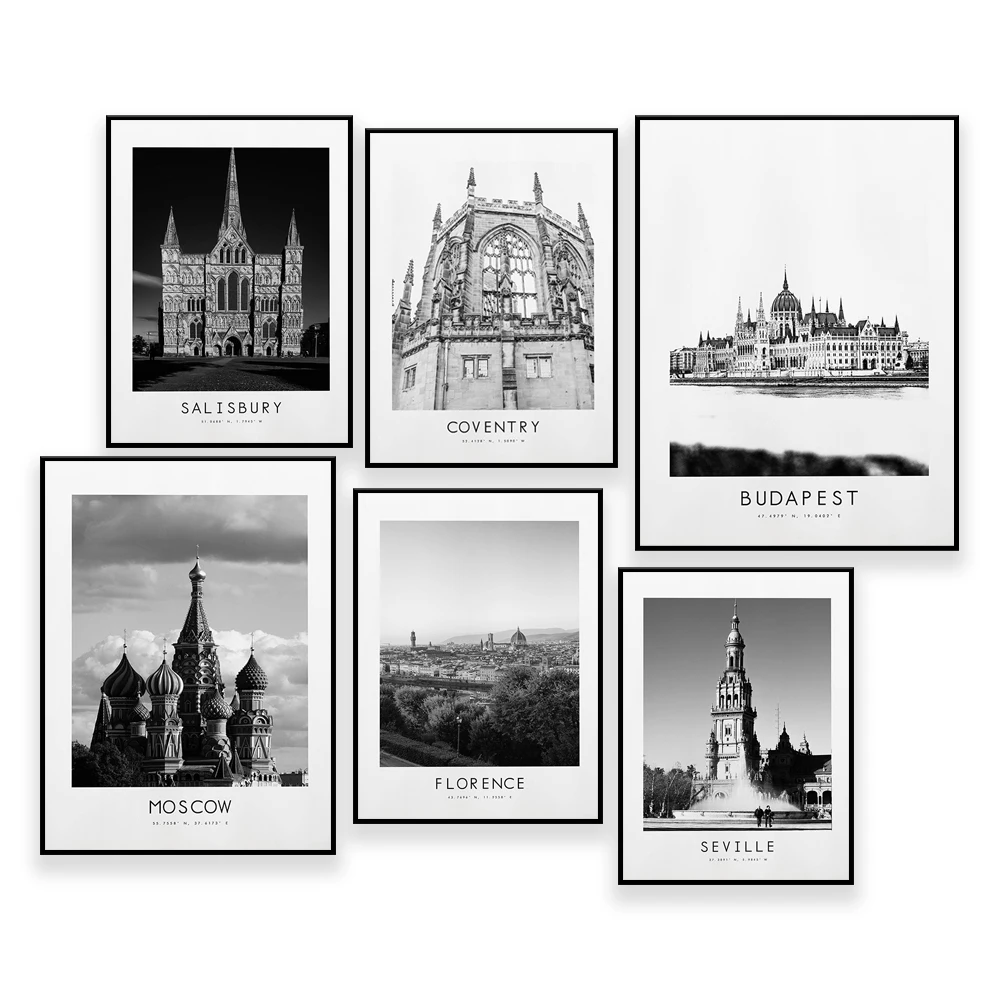 Seville,Moscow,Lisbon,Istanbul,Budapest,Barcelona,Brighton,Florence,Coventry City Poster Print - Black and White Minimalist City