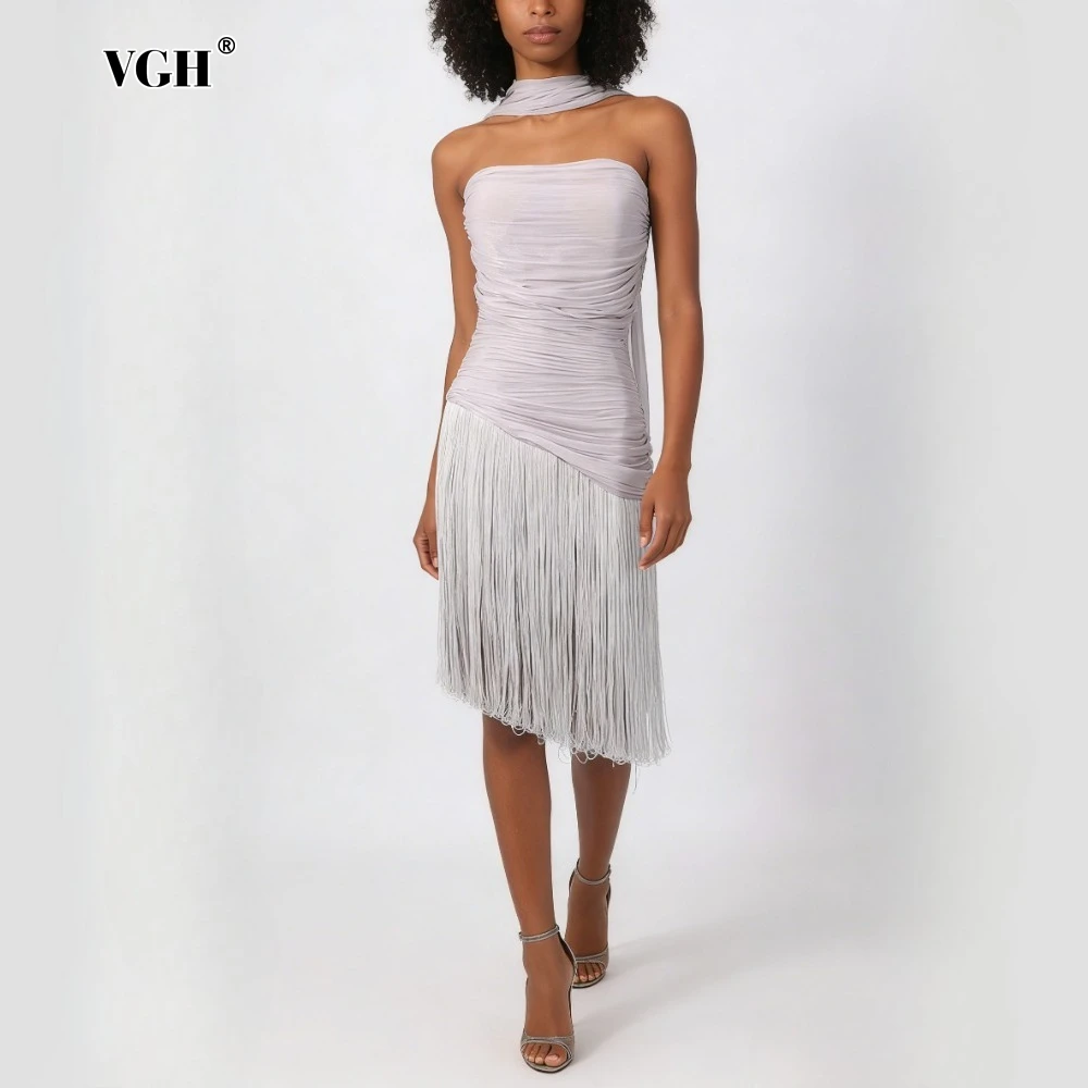VGH Purple Loose Spliced Tassel Chic Dresses for Women Strapless Sleeveless Elegant Gentle Dress Female Summer Fashion Style New