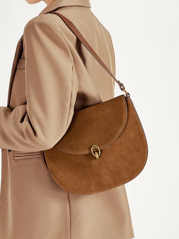 

Women's Handbag 2025 Suede Genuine Leather Saddle Bag Unique Underarm Crossbody Shoulder Bag Fall Versatile Chic Premium Pack